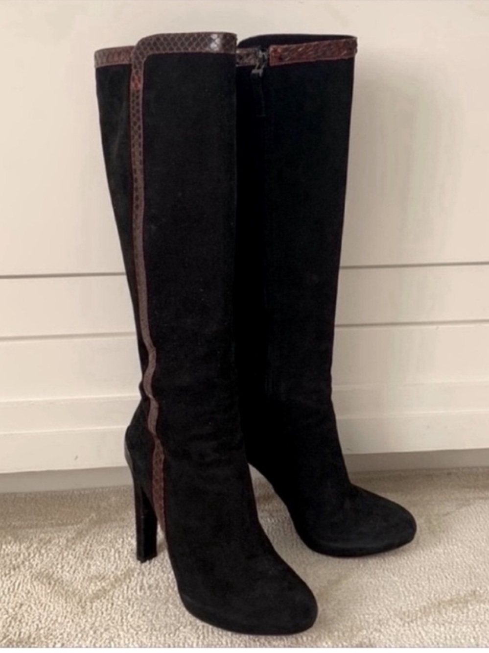 Fendi Black Suede Brown Lizard Trim High Heel Platform Knee High Boots 40